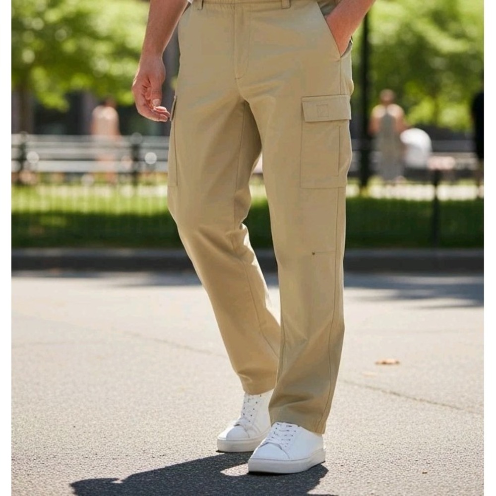 LL Bean Cargo Straight Hiking Pants Mens Size Xl 40x30 Tan Nylon Stretchy Flat‎
